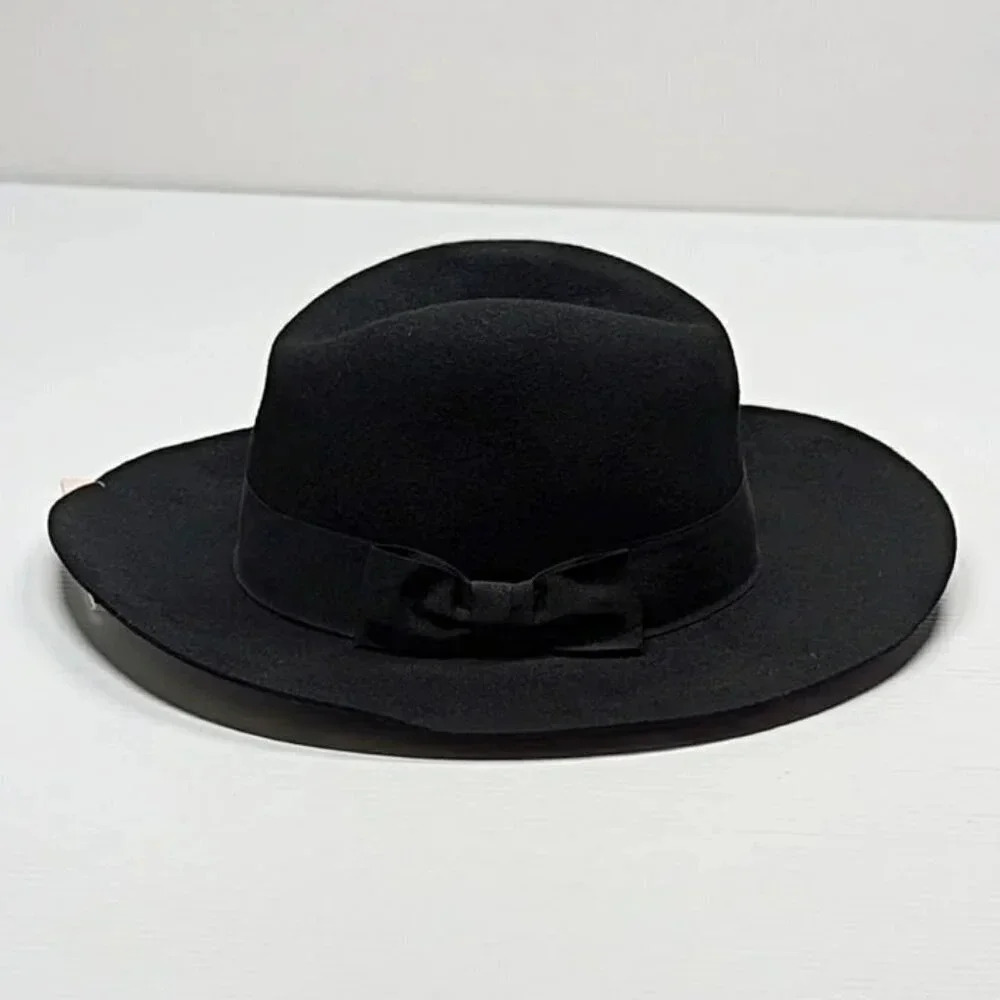 Aqua Women's Black Wool Wide Brim Bowler Hat Ribbon Band O/S (MSRP $98)